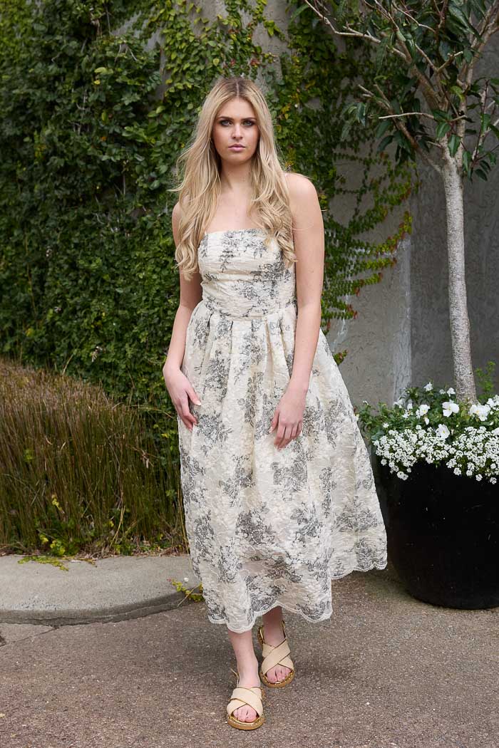 Leo Embroidered Strapless Dress Cream Black