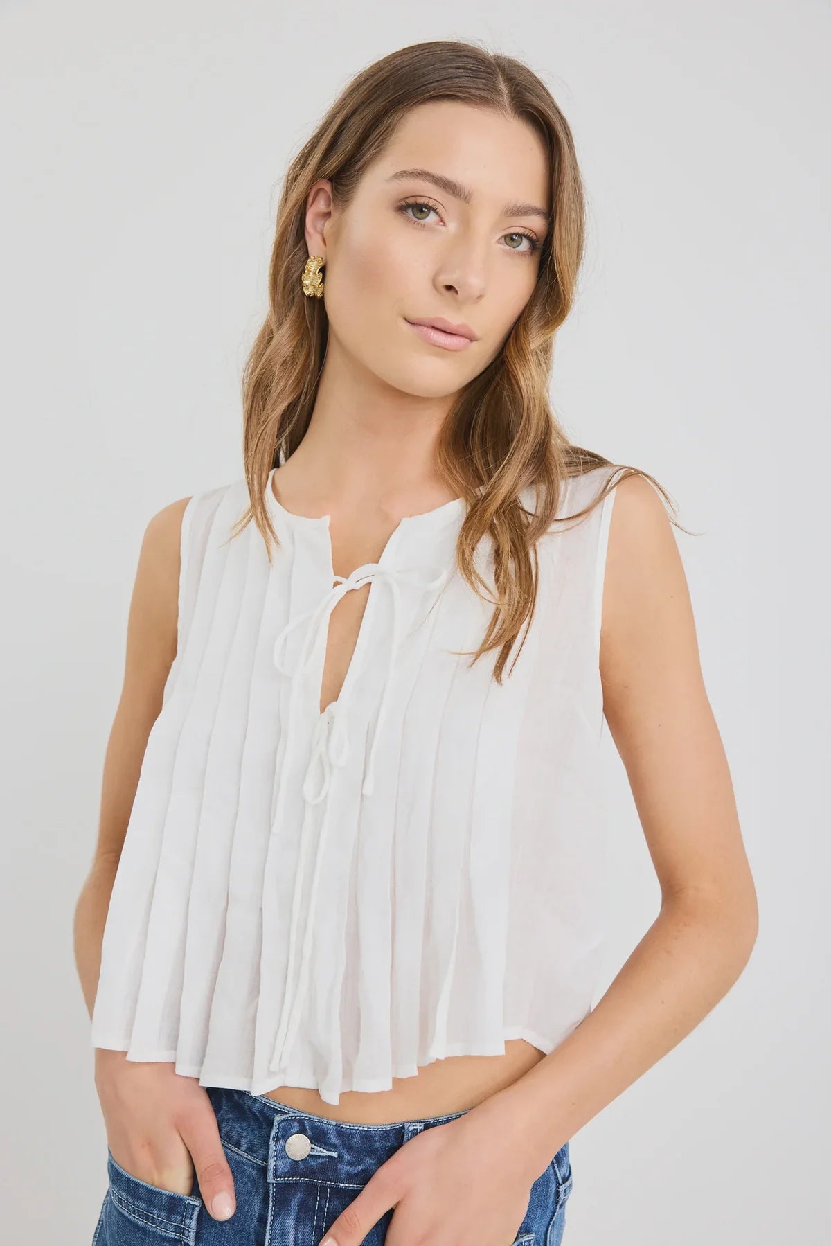 Origami Ivory Ramie Pleated Sleeveless Tie Top