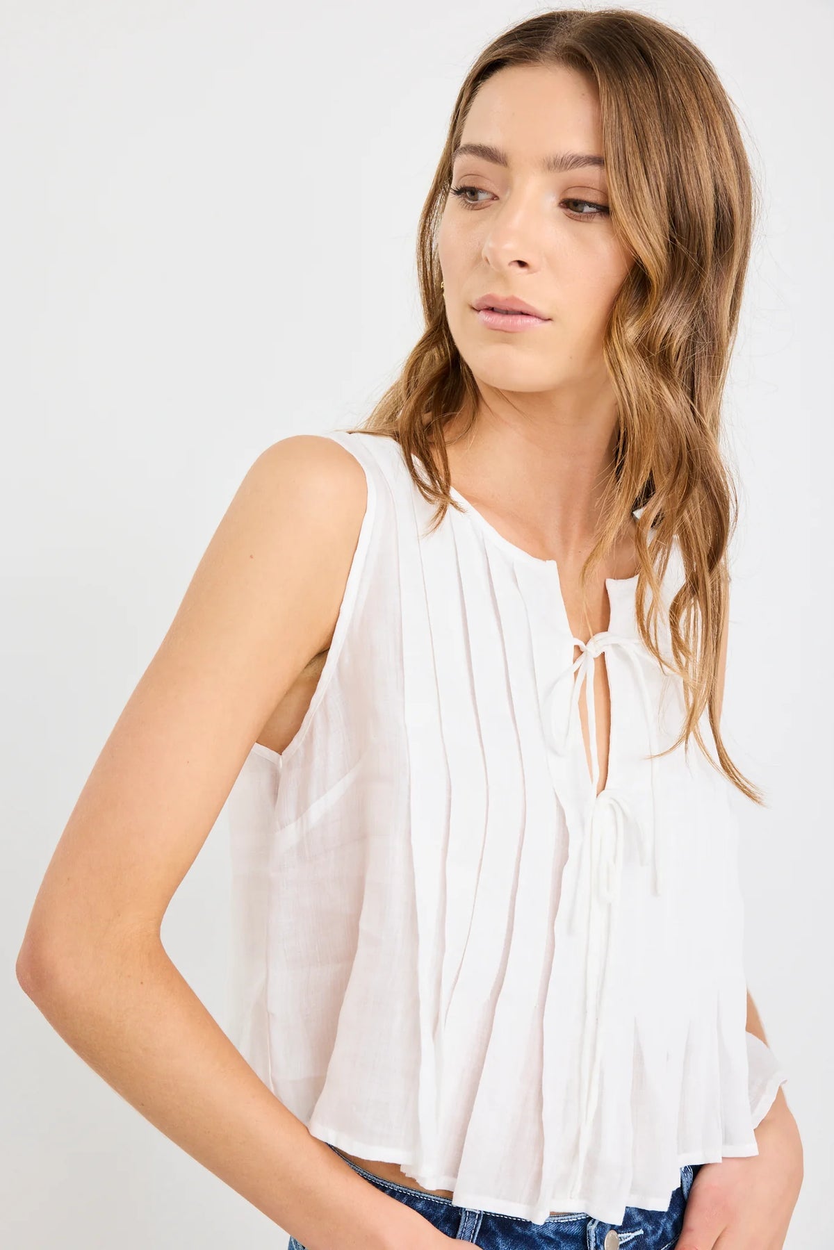 Origami Ivory Ramie Pleated Sleeveless Tie Top