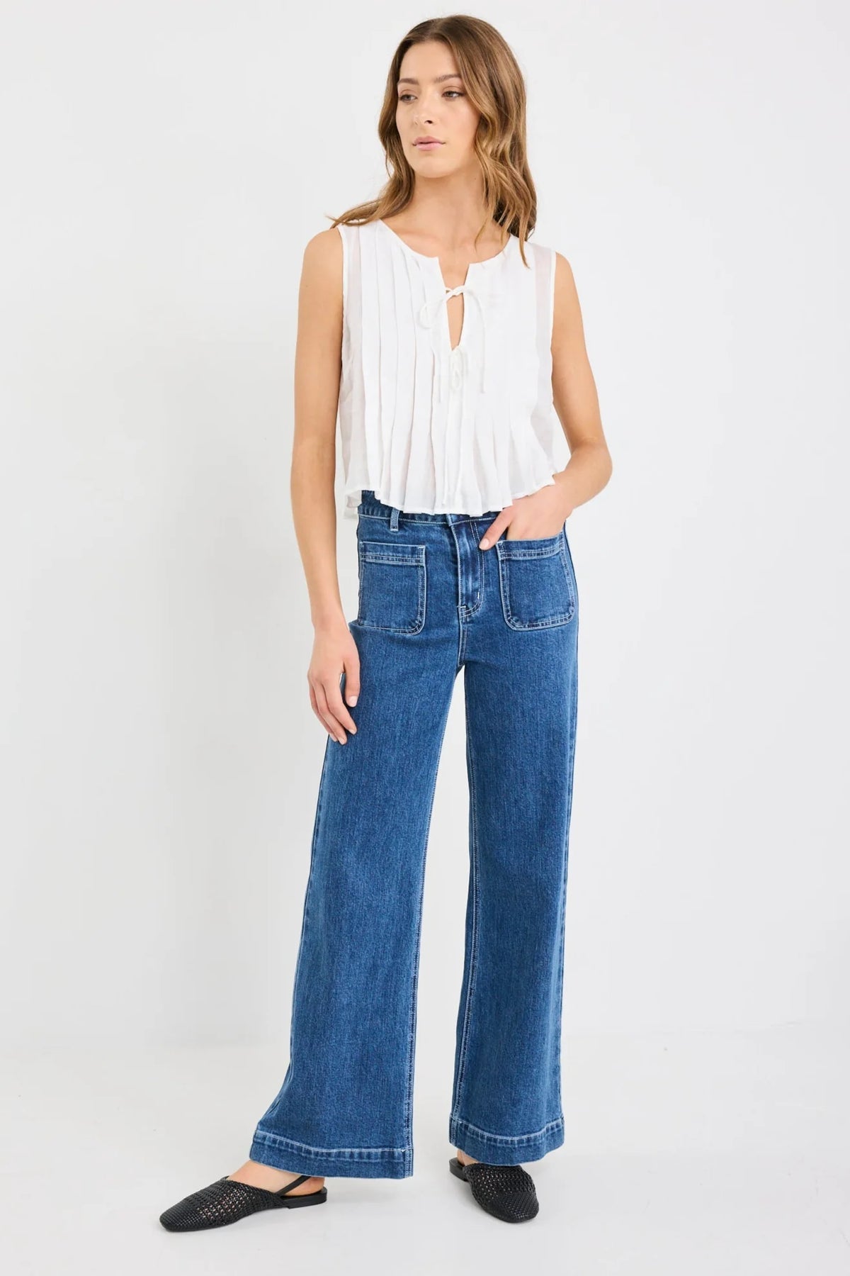 Origami Ivory Ramie Pleated Sleeveless Tie Top