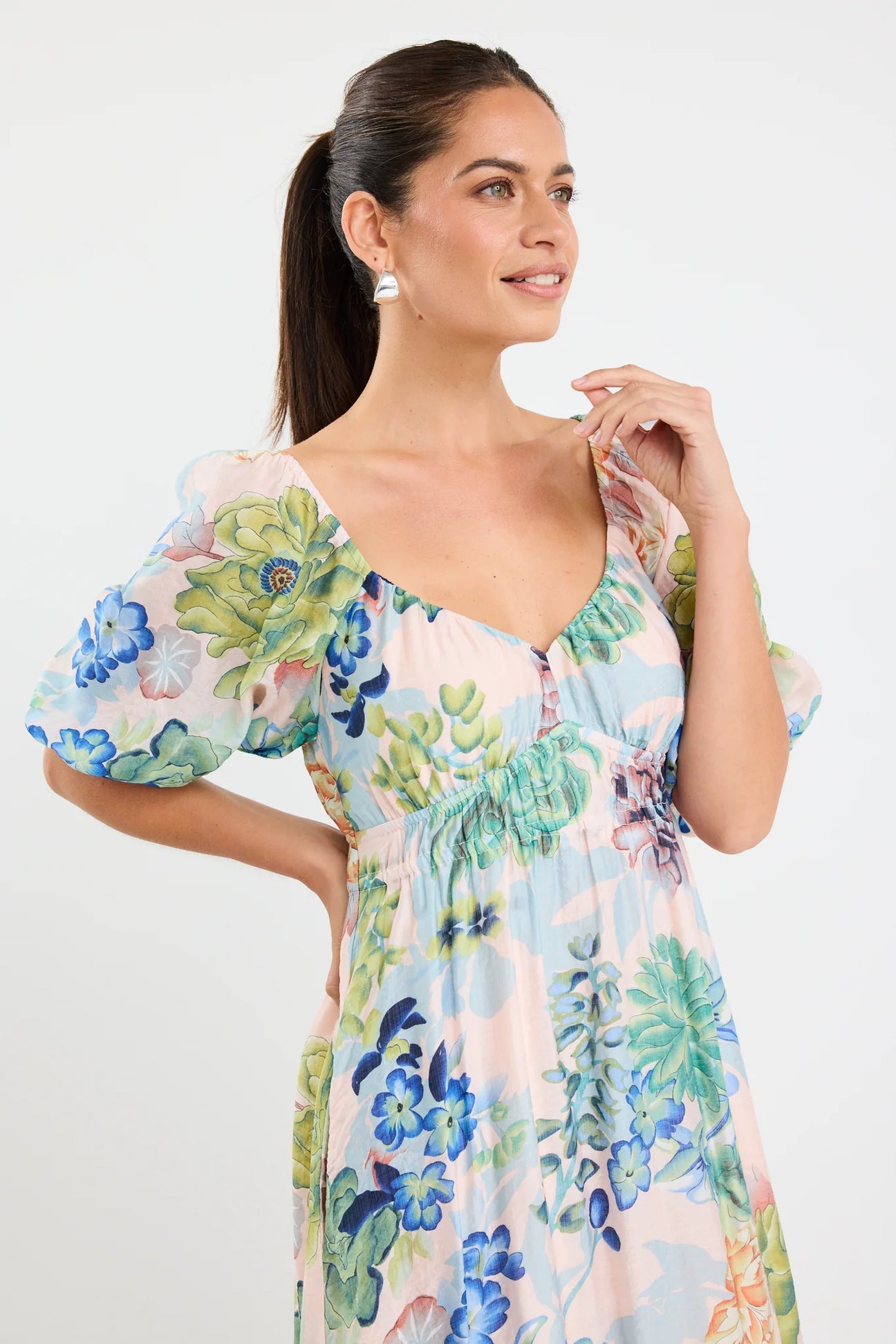 Posy Blue Posy Print Sweetheart Puff Sleeve Midi Dress