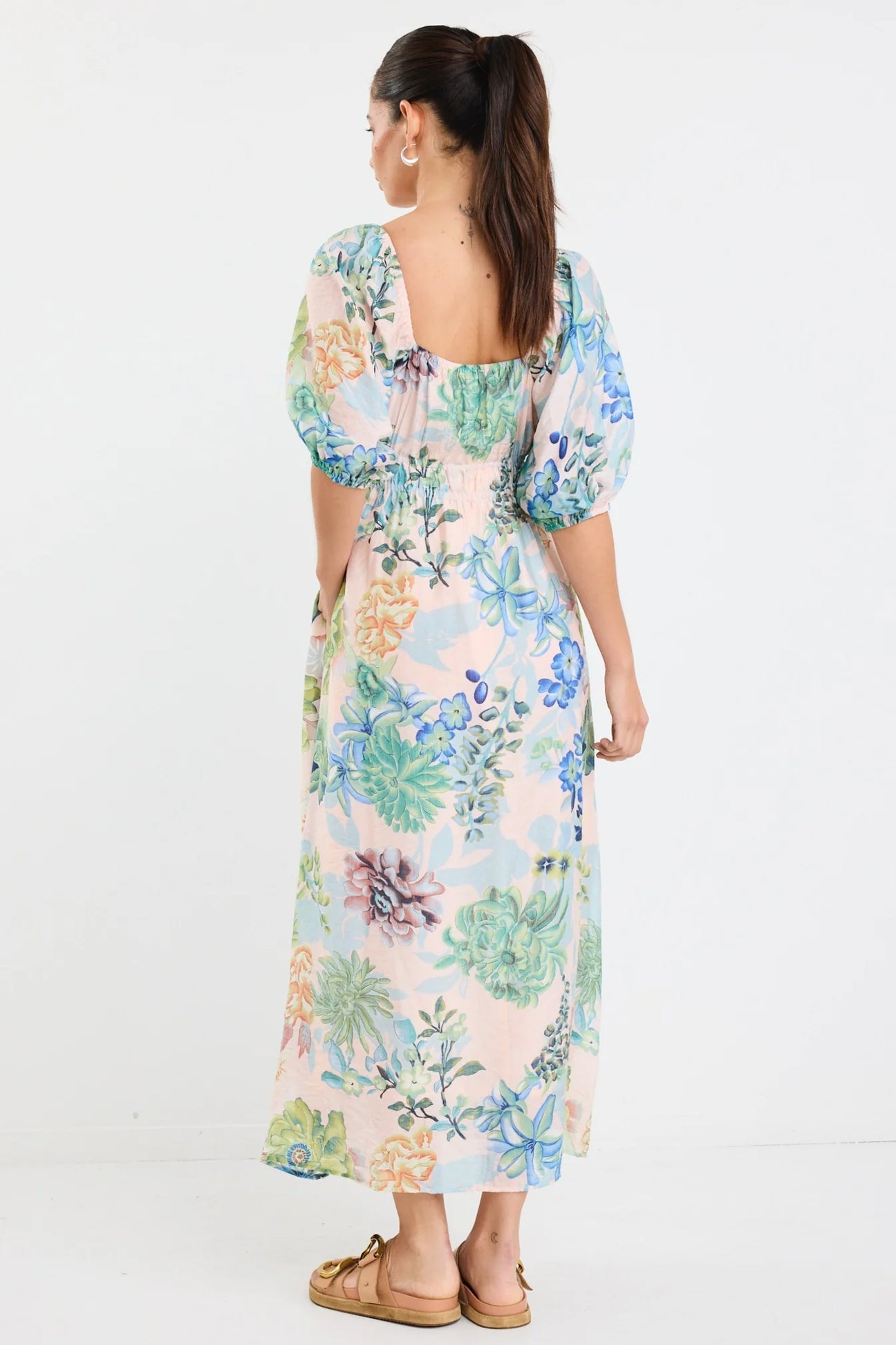 Posy Blue Posy Print Sweetheart Puff Sleeve Midi Dress