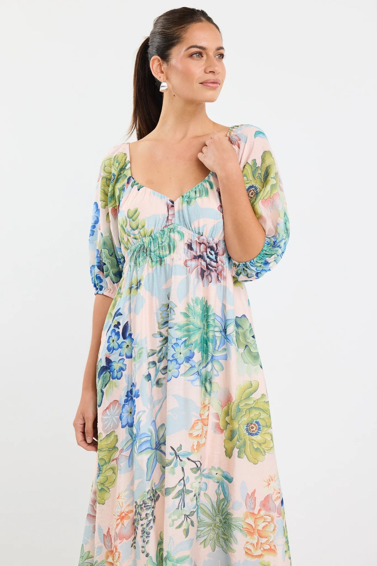 Posy Blue Posy Print Sweetheart Puff Sleeve Midi Dress