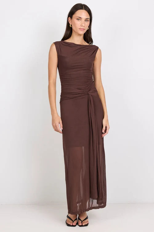 Monarch Chocolate Mesh Off Shoulder Maxi Dress