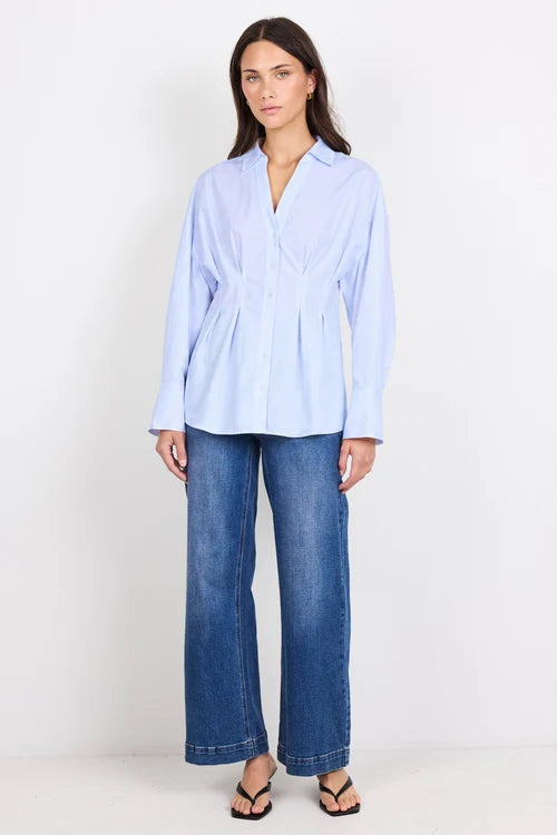 Timekeeper Ice Blue Cotton Poplin Corset Detail Waist Shirt
