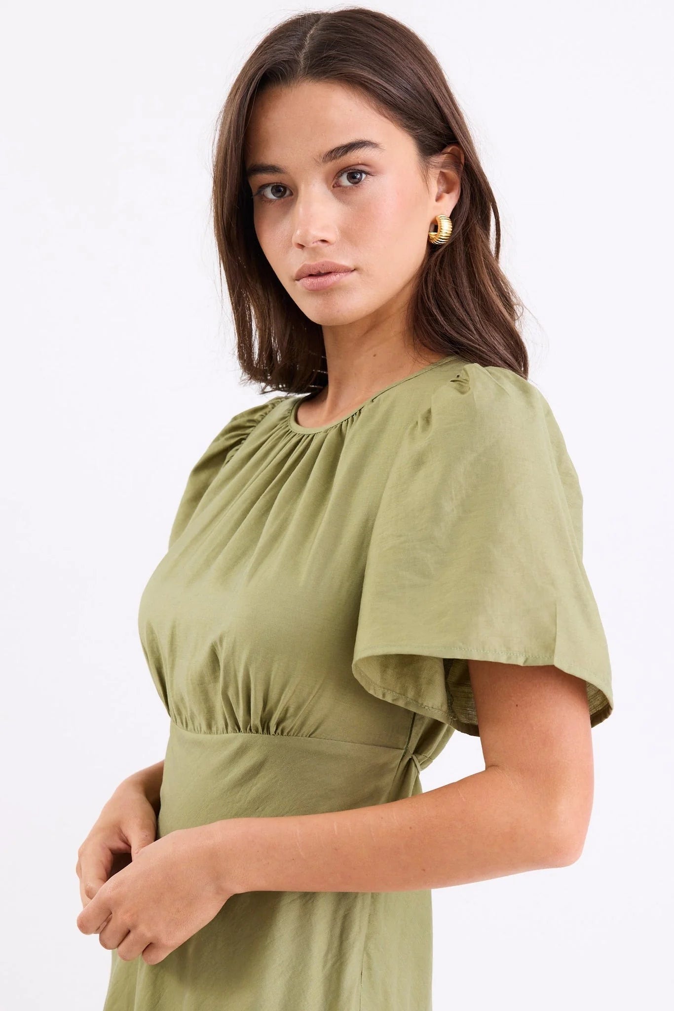 Meridian Moss Flutter Sleeve Floaty Maxi Dress