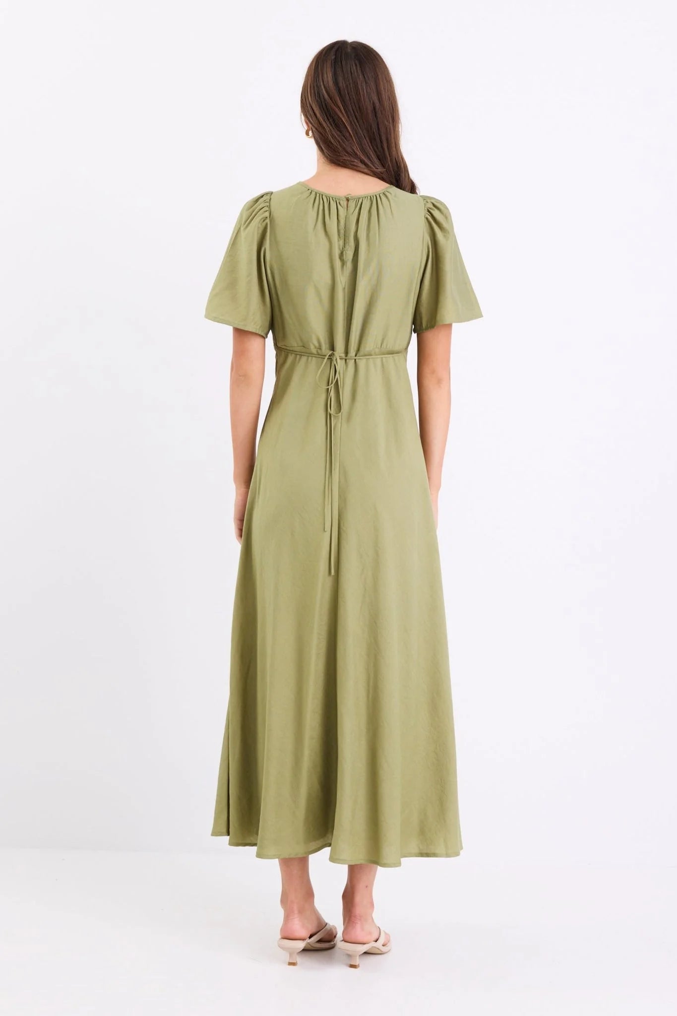 Meridian Moss Flutter Sleeve Floaty Maxi Dress