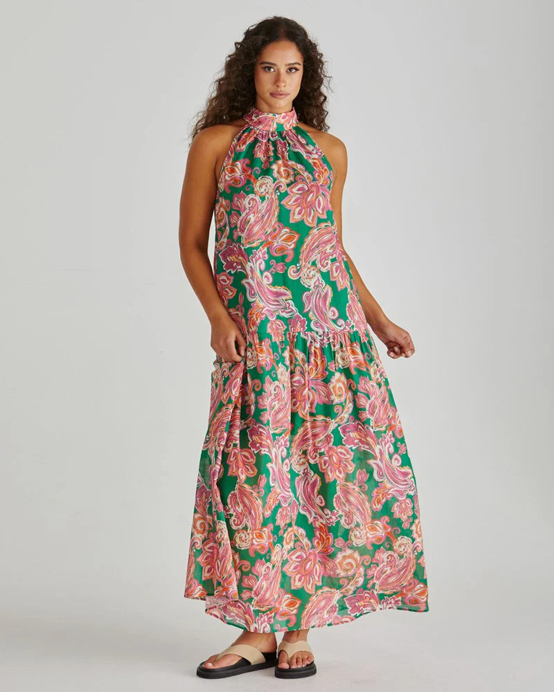 Malia Halter Dress Pink Green Paisley