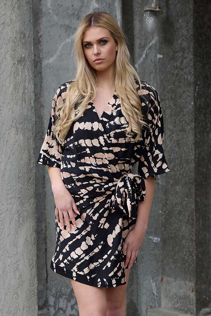 Aurora Wrap Mini Dress Black Beige Print