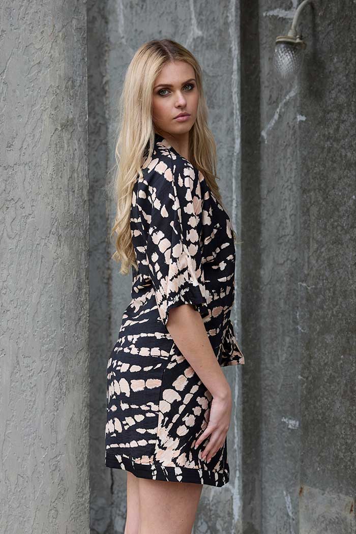Aurora Wrap Mini Dress Black Beige Print