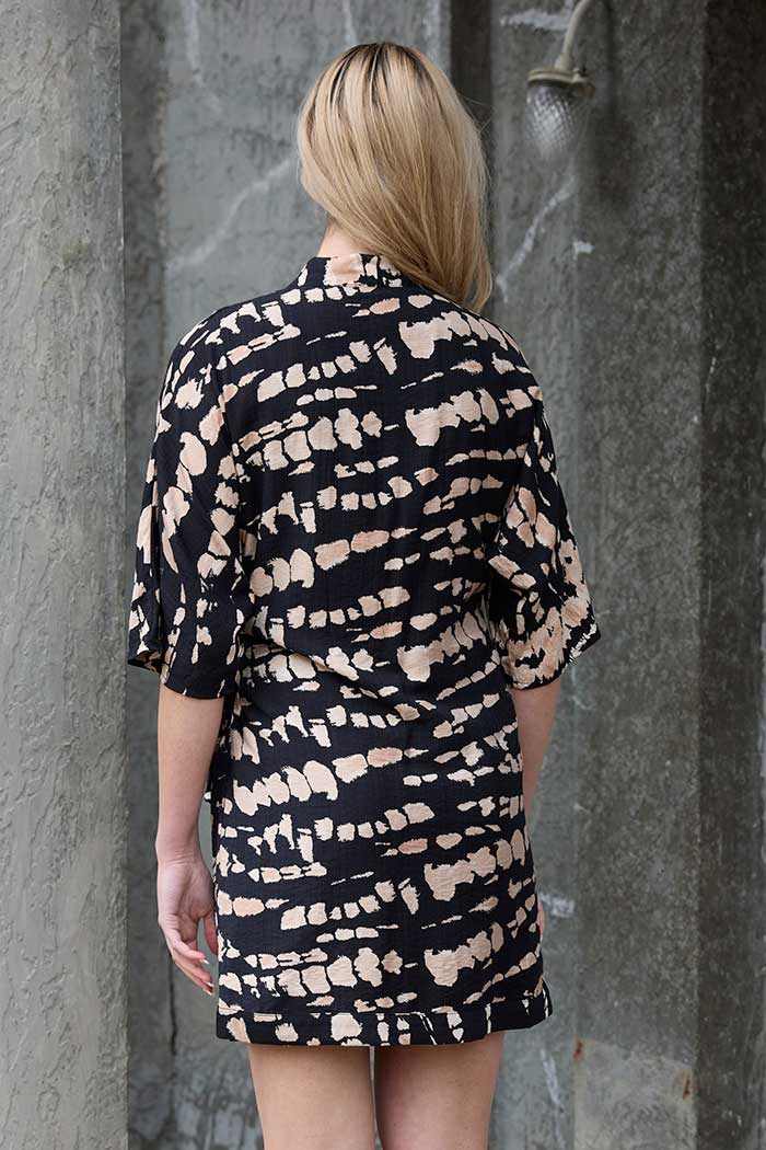 Aurora Wrap Mini Dress Black Beige Print