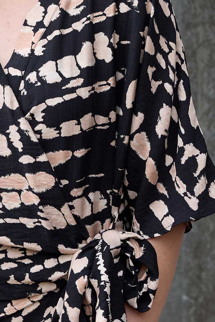 Aurora Wrap Mini Dress Black Beige Print