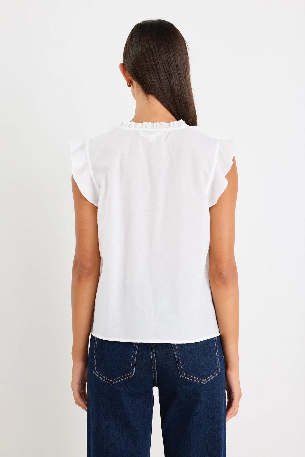 Ritzy Ivory Ruffle Front Sleeveless Top