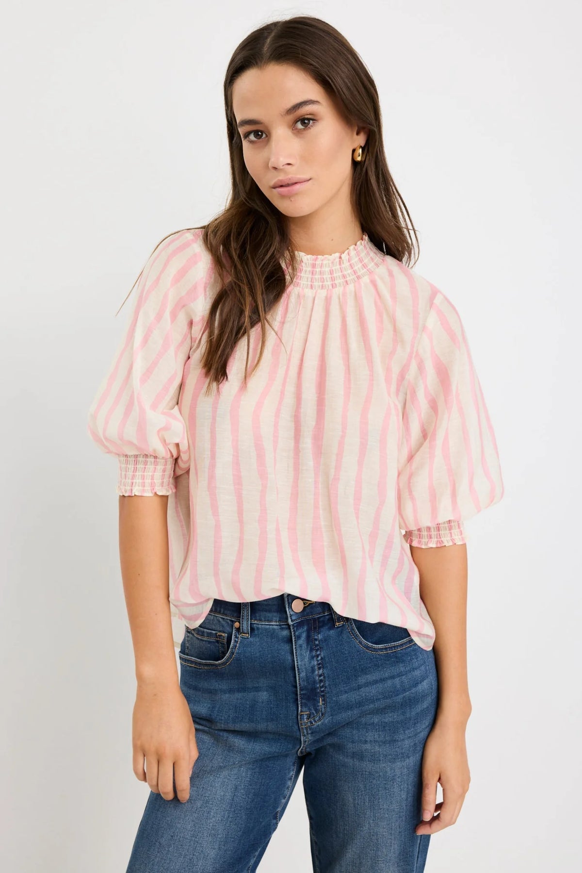 Precisian Blush Stripe High Neck Short Sleeve Top