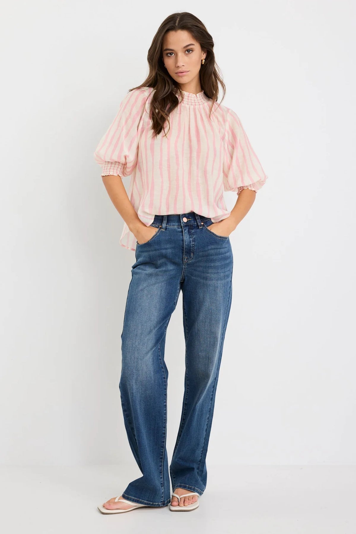 Precisian Blush Stripe High Neck Short Sleeve Top