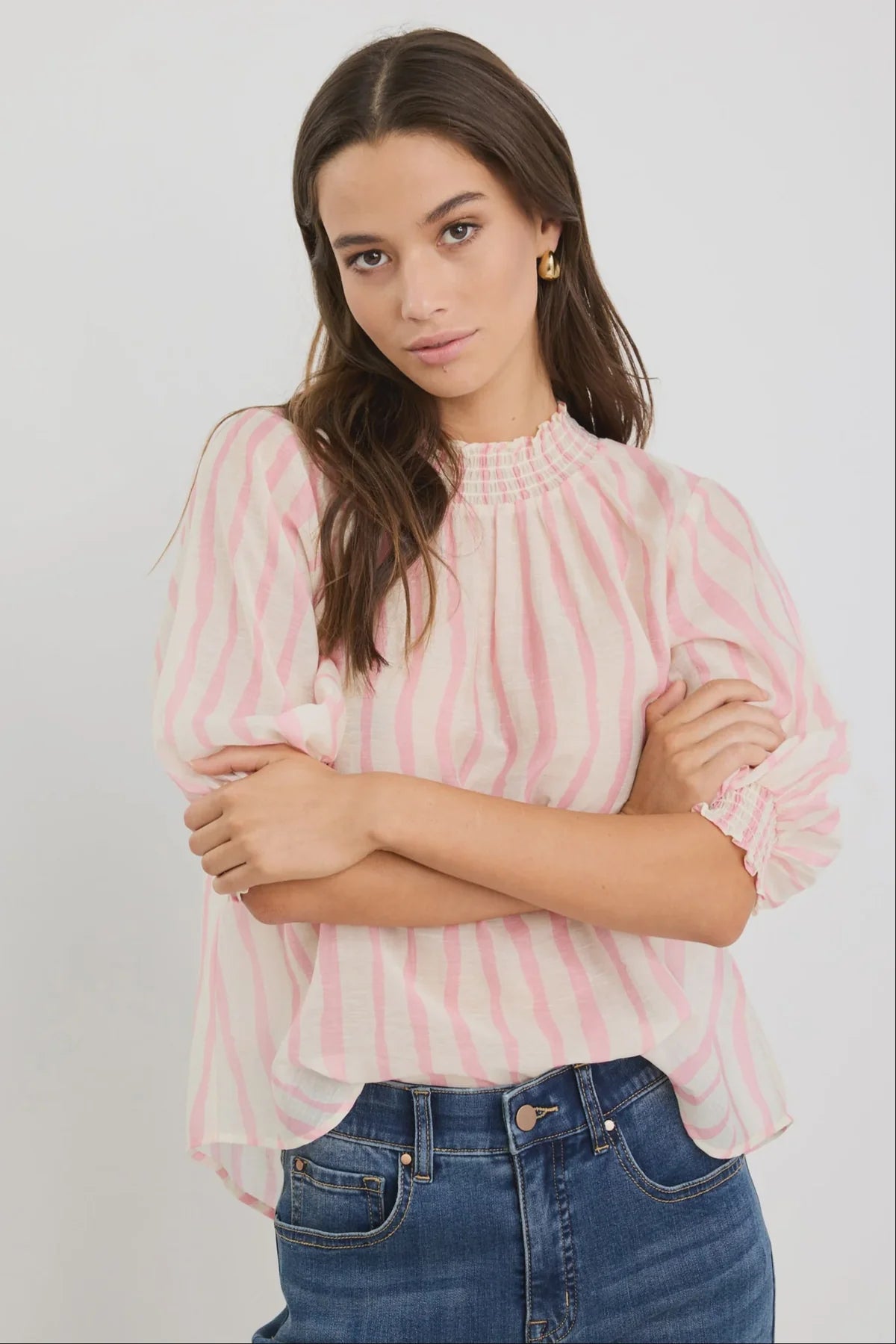 Precisian Blush Stripe High Neck Short Sleeve Top