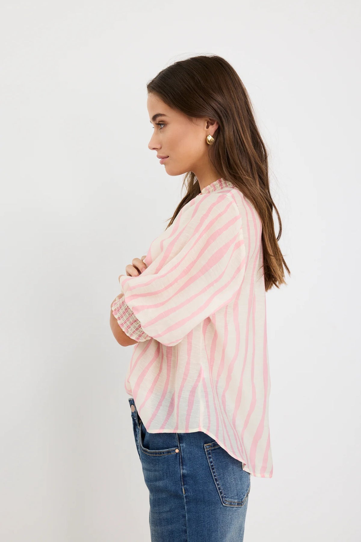 Precisian Blush Stripe High Neck Short Sleeve Top