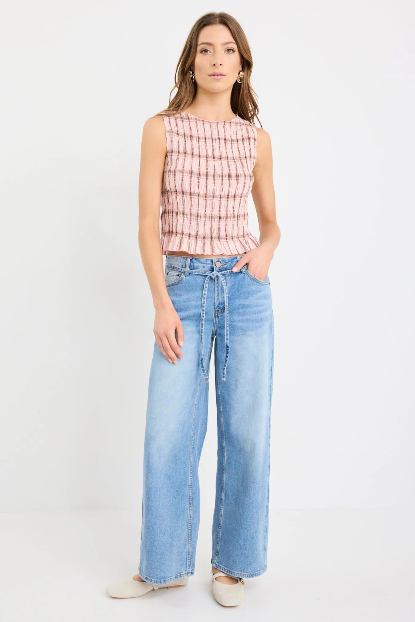 Forsaken Blush Check Shirred Sleeveless Shell Top