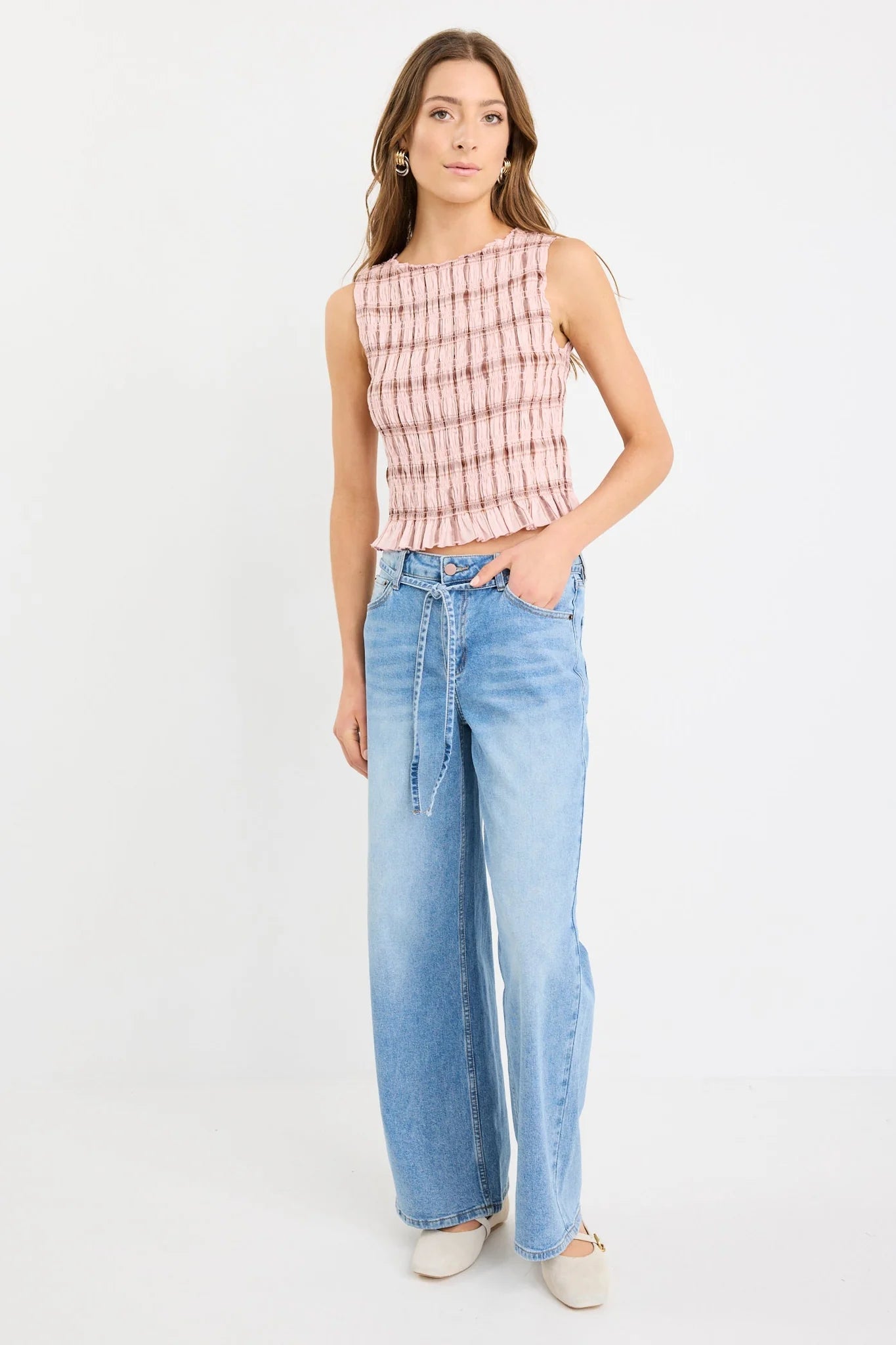 Forsaken Blush Check Shirred Sleeveless Shell Top