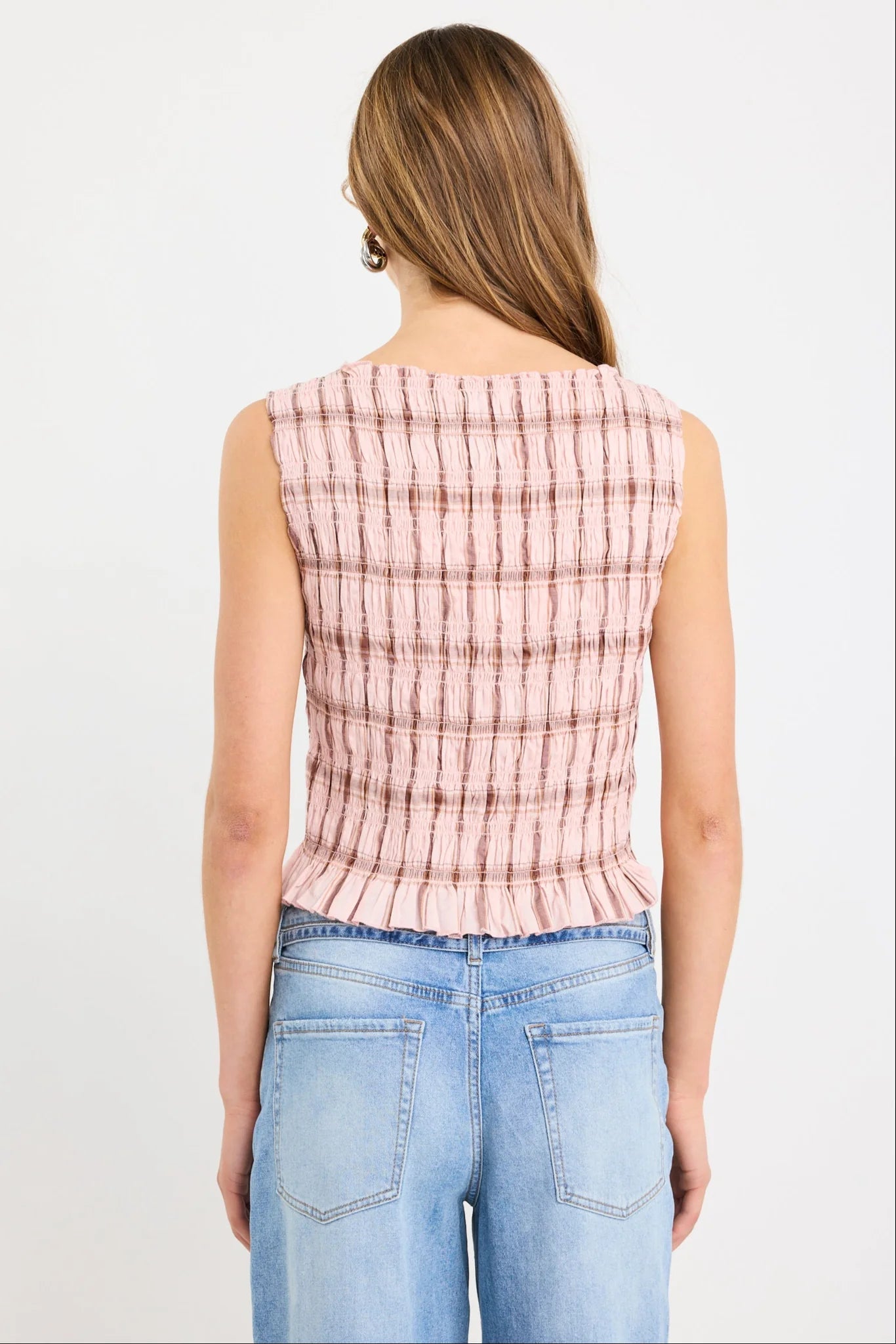 Forsaken Blush Check Shirred Sleeveless Shell Top
