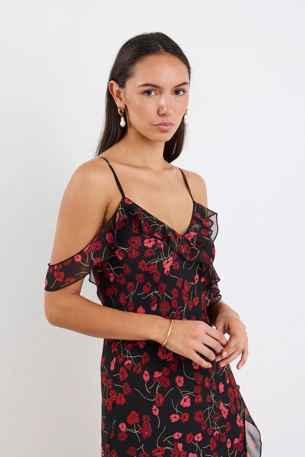 Belfast Black Poppy Print Georgette Bias Ruffle Slip Maxi Dress