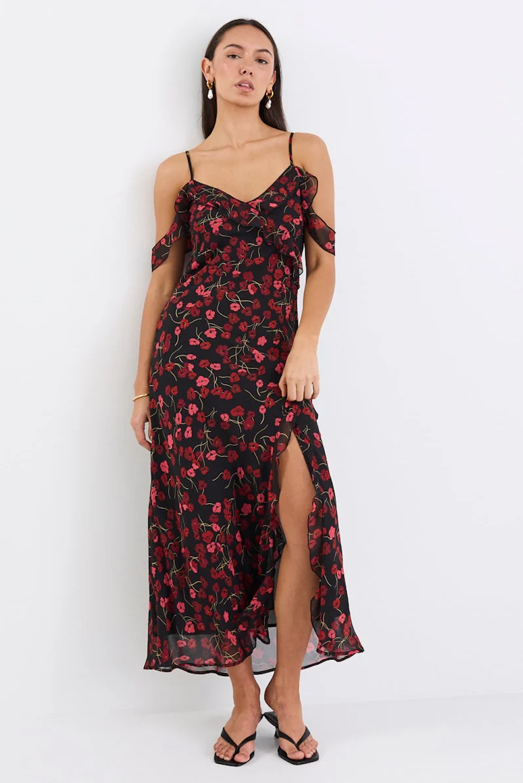Belfast Black Poppy Print Georgette Bias Ruffle Slip Maxi Dress