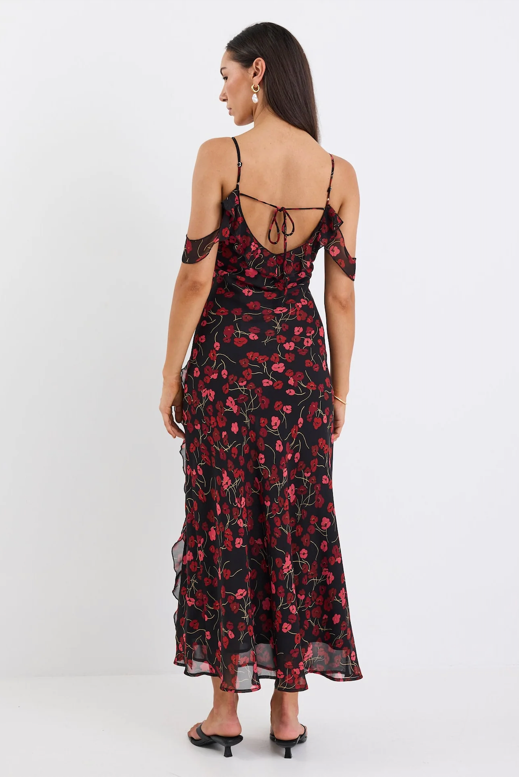 Belfast Black Poppy Print Georgette Bias Ruffle Slip Maxi Dress