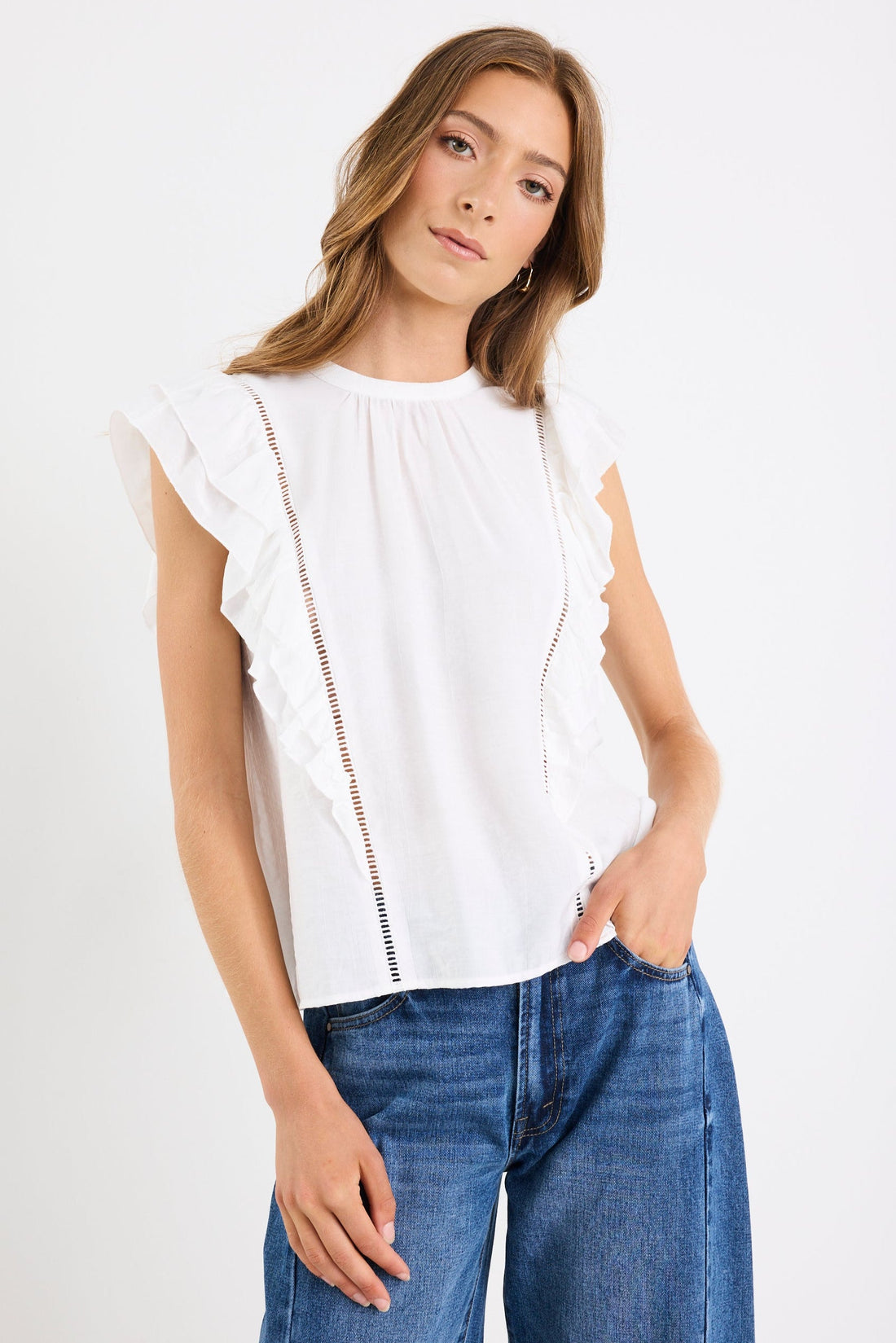Ivy + Jack Exotic Ivory Sheer High Neck Frill Sleeve Top