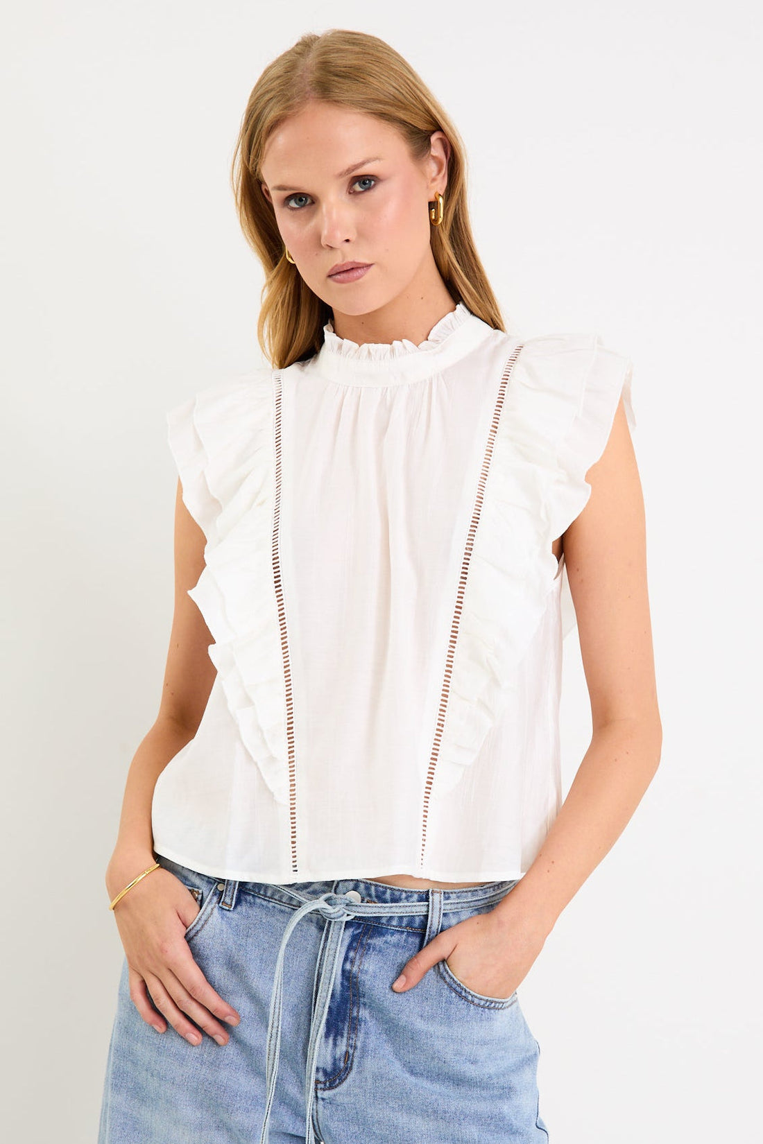 Ivy + Jack Exotic Ivory Sheer High Neck Frill Sleeve Top
