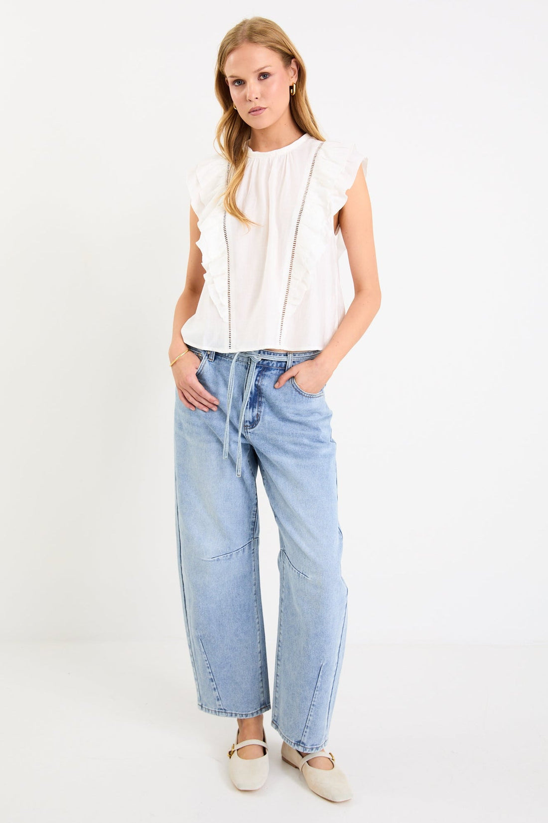 Ivy + Jack Exotic Ivory Sheer High Neck Frill Sleeve Top