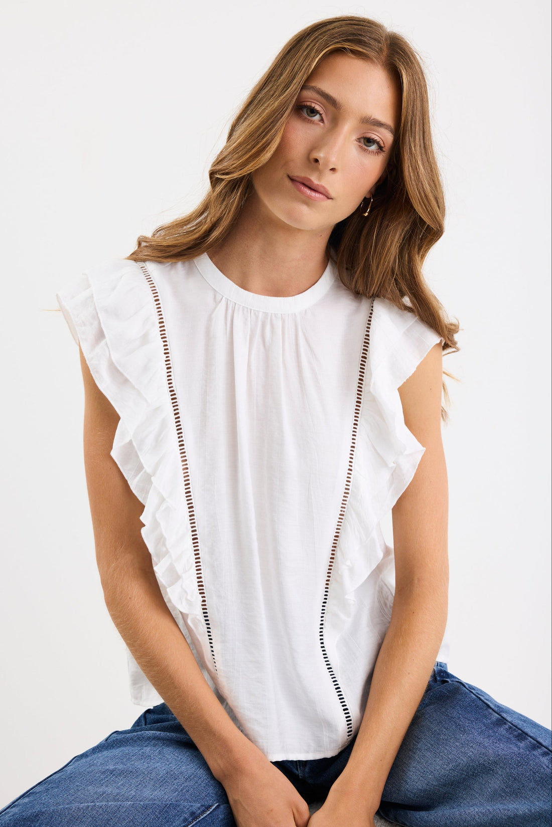 Ivy + Jack Exotic Ivory Sheer High Neck Frill Sleeve Top