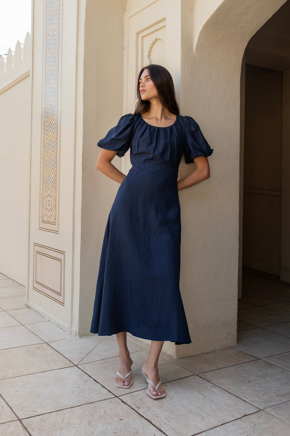Stories Be Told Chorus Navy Puff Sleeve Scoop Neck Floaty Maxi Dress
