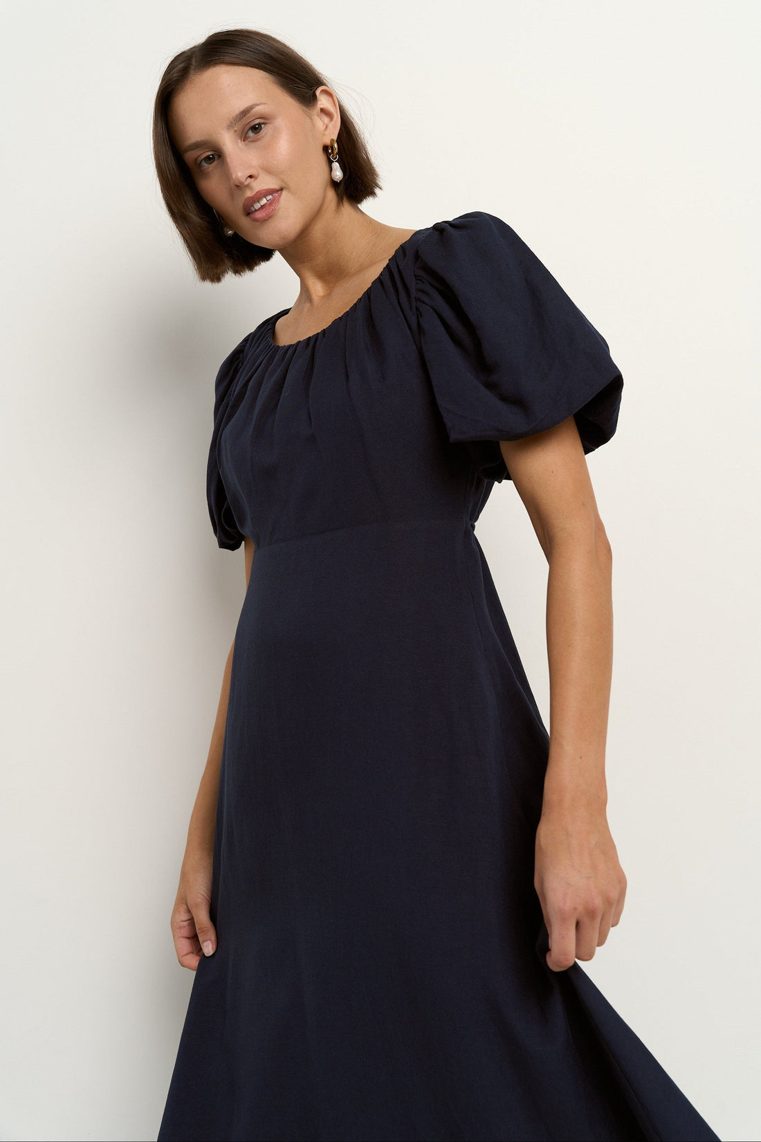 Stories Be Told Chorus Navy Puff Sleeve Scoop Neck Floaty Maxi Dress