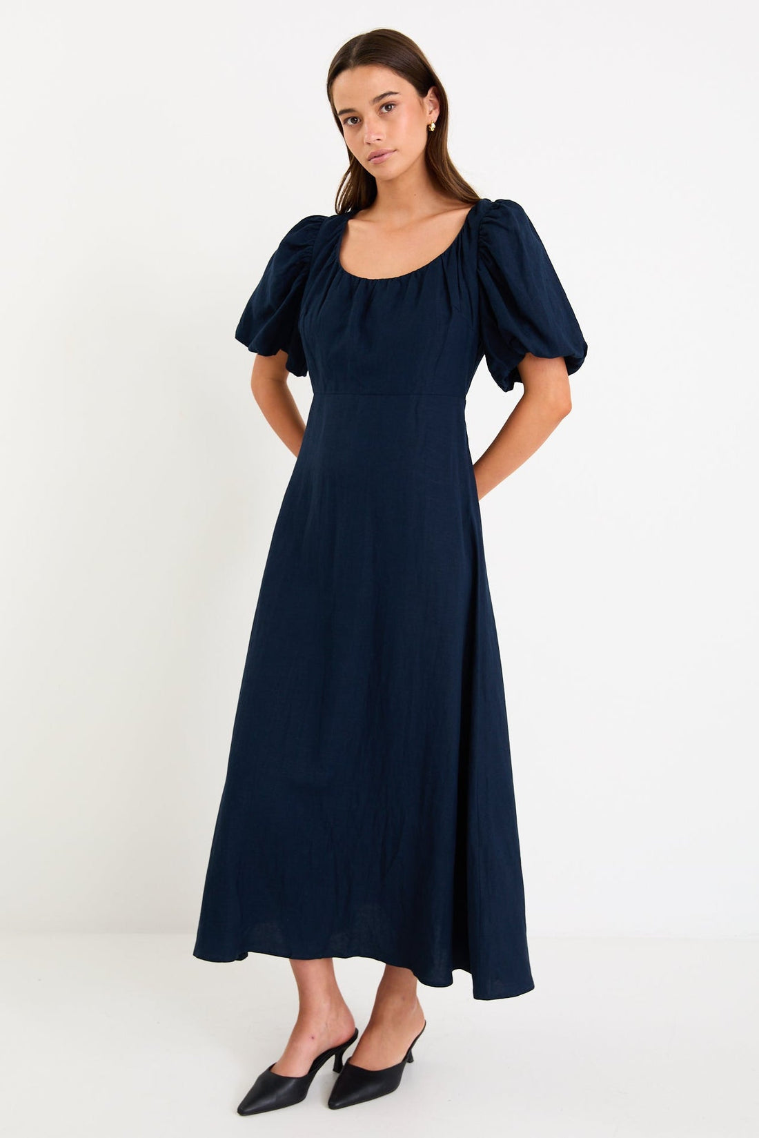 Stories Be Told Chorus Navy Puff Sleeve Scoop Neck Floaty Maxi Dress