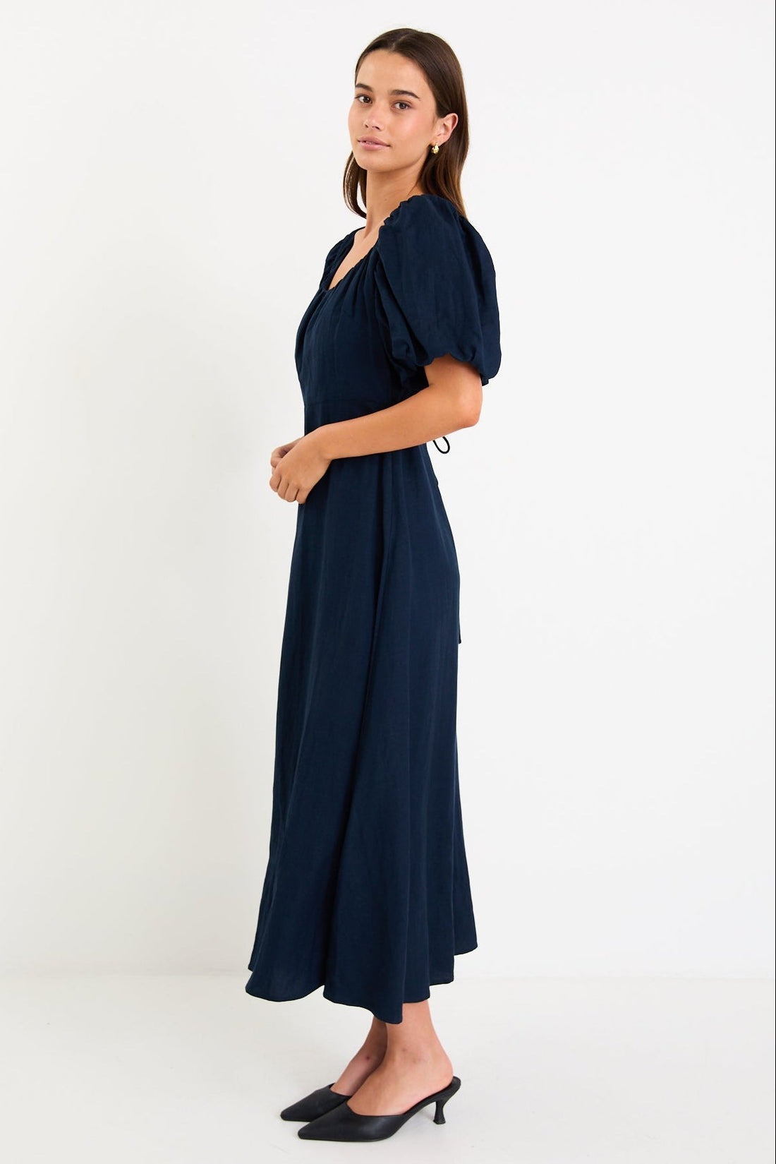 Stories Be Told Chorus Navy Puff Sleeve Scoop Neck Floaty Maxi Dress