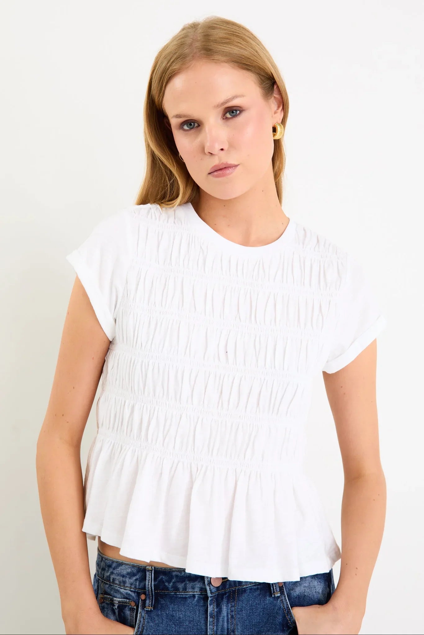 Stories Be Told Neat White Slub Shirred Detail Short Sleeve Tee