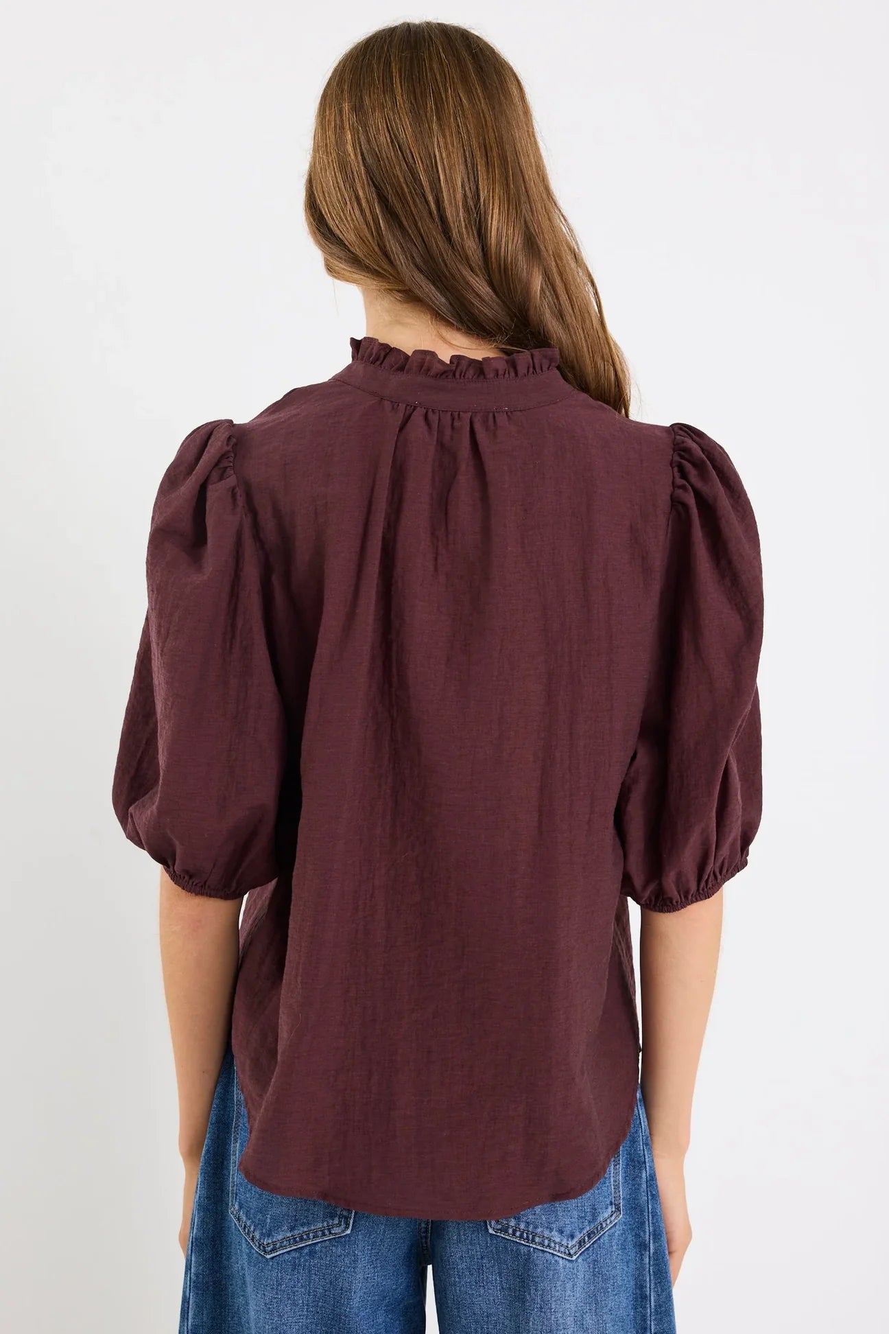Ivy + Jack Continuance Chocolate Semi Sheer High Neck Buttoned Short Sleeve Top