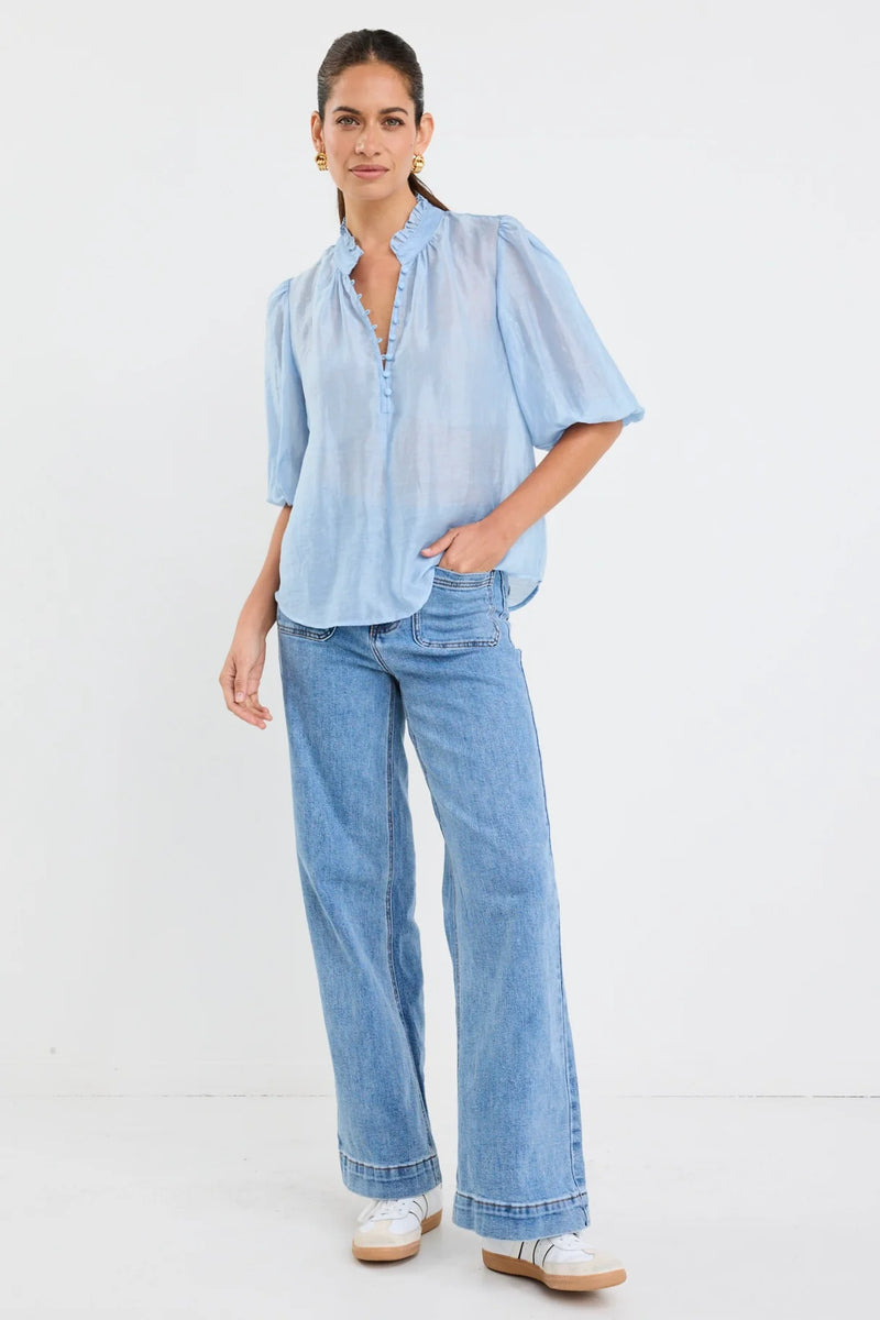 Closure Pale Blue Sheer High Neck Buttoned Short Sleeve Top