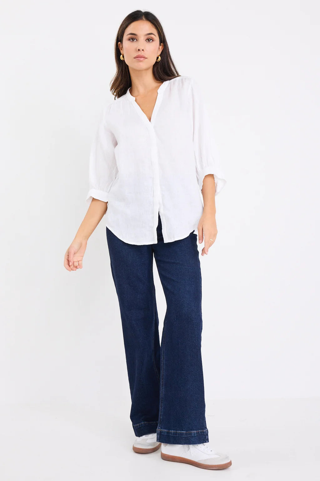 Deity White Linen Button Through Puff Sleeve Short Sleeve Blouse