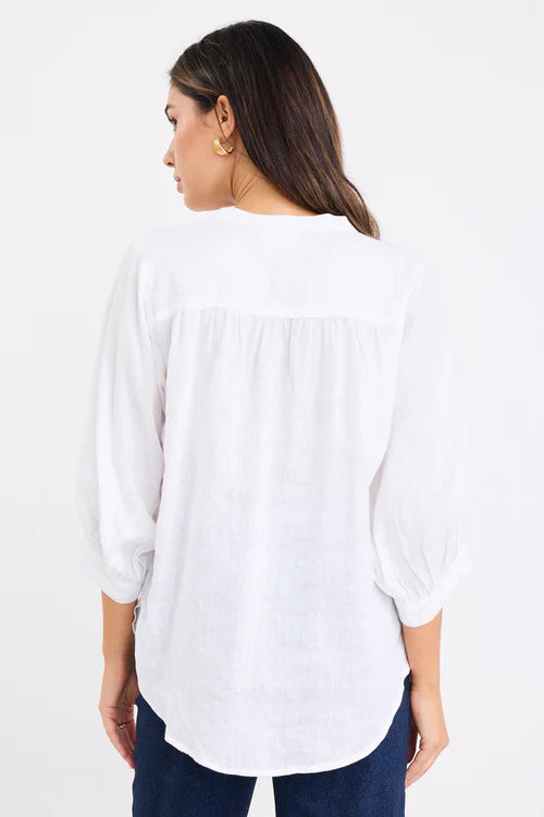 Deity White Linen Button Through Puff Sleeve Short Sleeve Blouse