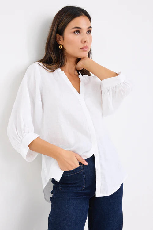 Deity White Linen Button Through Puff Sleeve Short Sleeve Blouse