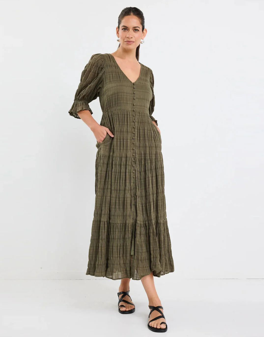 Dreamy Khaki Bubble Short Sleeve Button Front Tiered Maxi Dress