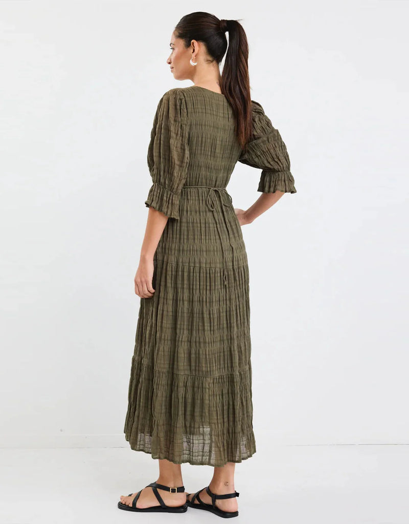 Dreamy Khaki Bubble Short Sleeve Button Front Tiered Maxi Dress