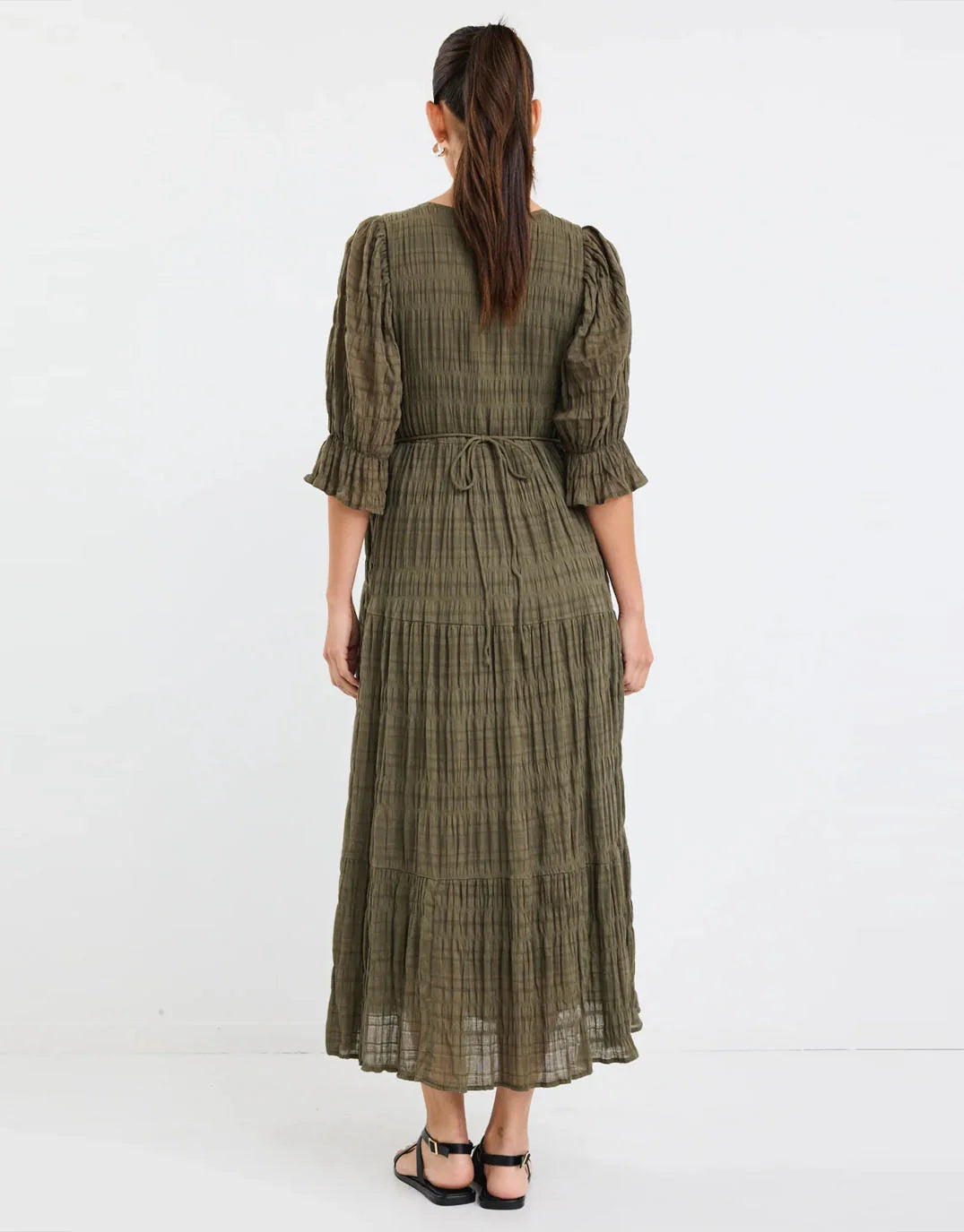 Dreamy Khaki Bubble Short Sleeve Button Front Tiered Maxi Dress