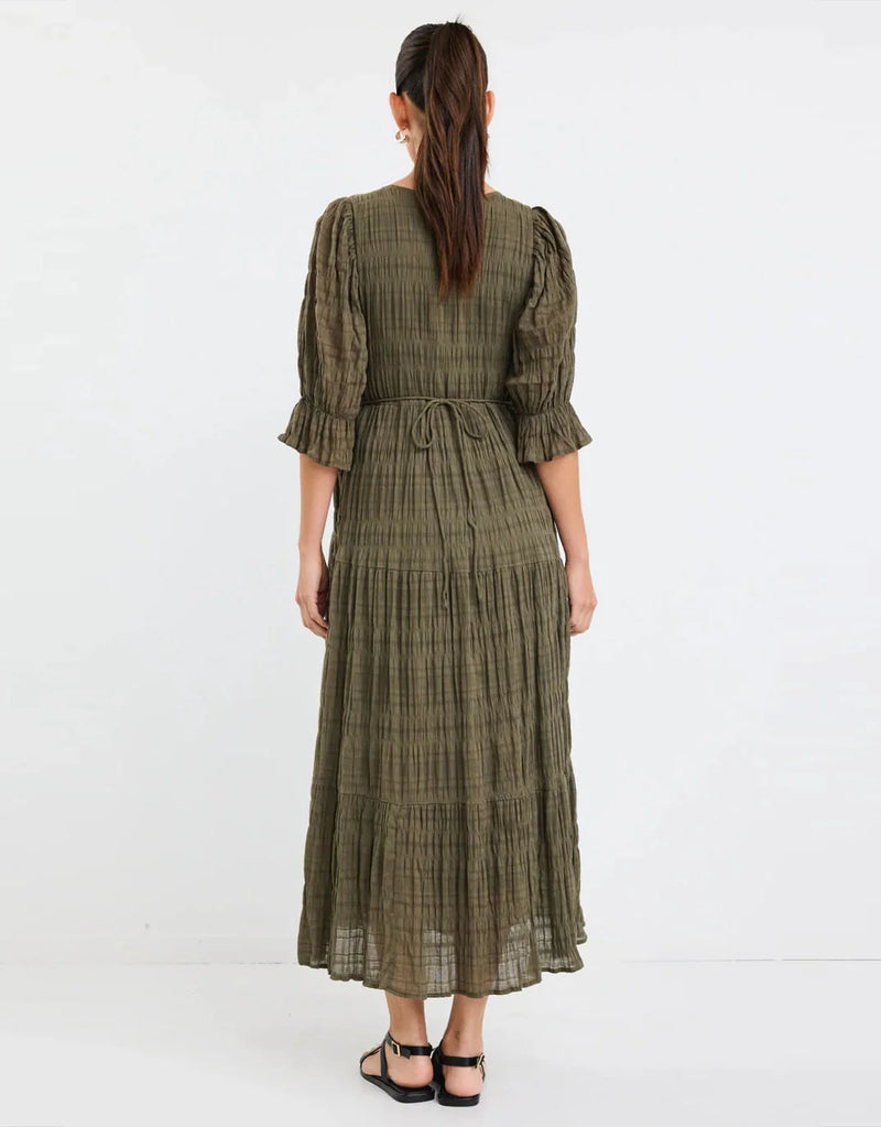 Dreamy Khaki Bubble Short Sleeve Button Front Tiered Maxi Dress