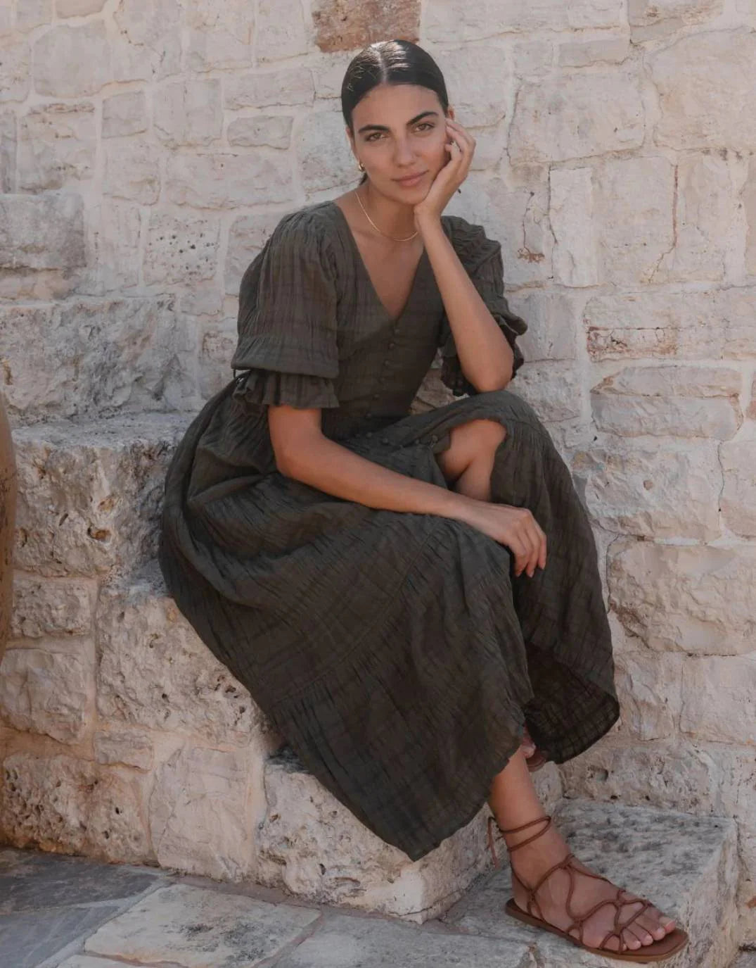 Dreamy Khaki Bubble Short Sleeve Button Front Tiered Maxi Dress