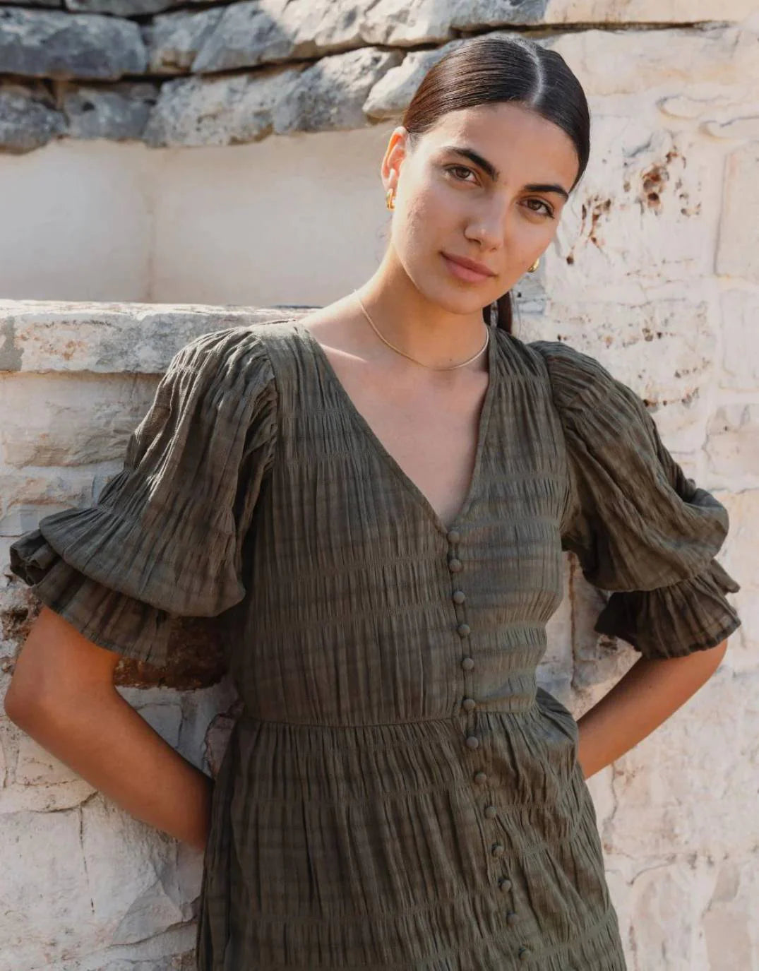Dreamy Khaki Bubble Short Sleeve Button Front Tiered Maxi Dress