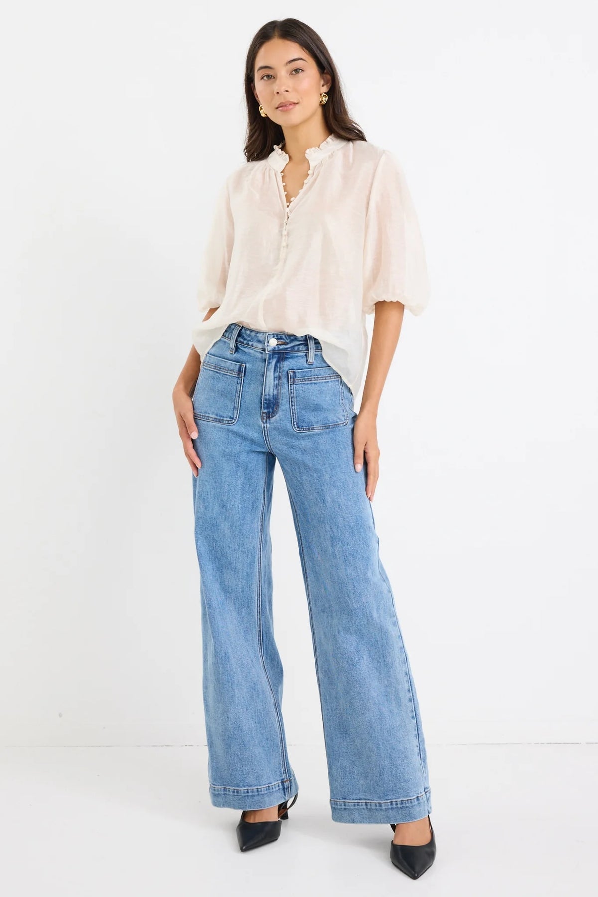 Closure Ivory Sheer High Neck Buttoned Short Sleeve Top