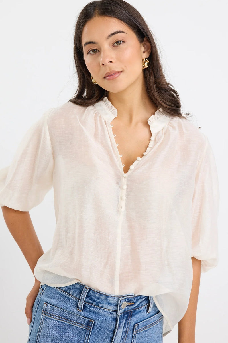 Closure Ivory Sheer High Neck Buttoned Short Sleeve Top