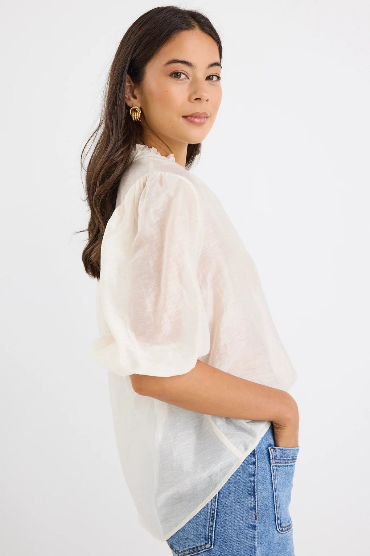 Closure Ivory Sheer High Neck Buttoned Short Sleeve Top